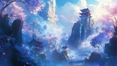 Mythic mountain temple crowned by waterfall and blossoms.