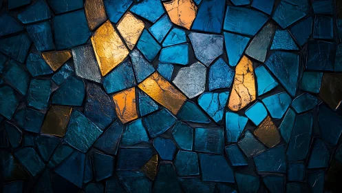 Abstract mosaic of blue and gold glass shards in modern style.