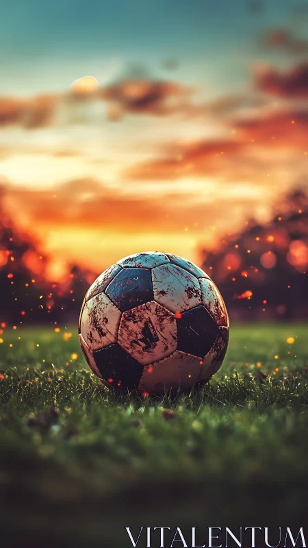 Cinematic football close-up under glowing sunset field light.
