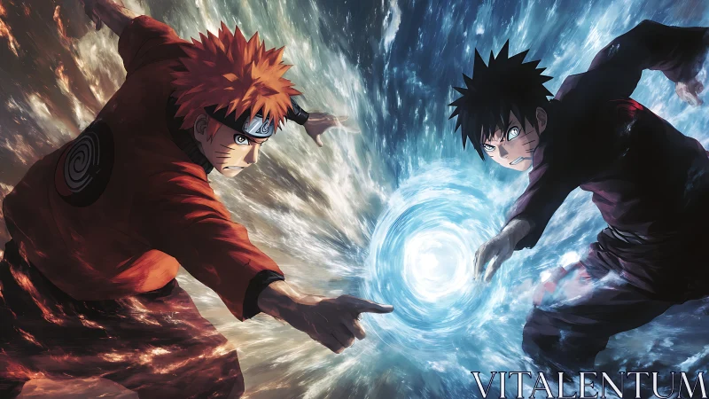 Two anime fighters facing off with opposing energy spheres.