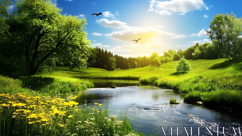 Sunlit river valley with wildflowers under vivid blue sky.