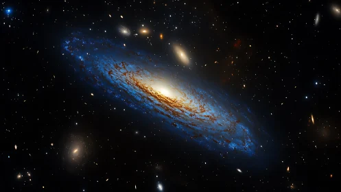 Spiral galaxy glows with luminous blue dust lanes.