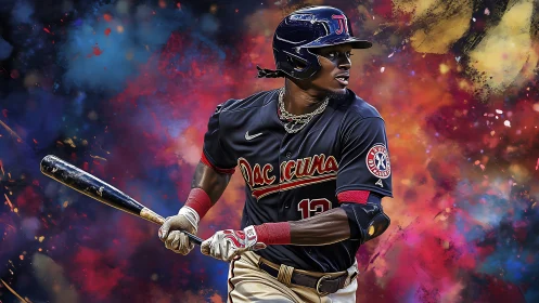 Baseball slugger waits on pitch amid explosive color storm