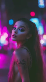 Neon-bathed portrait under shallow-depth bokeh field at night.