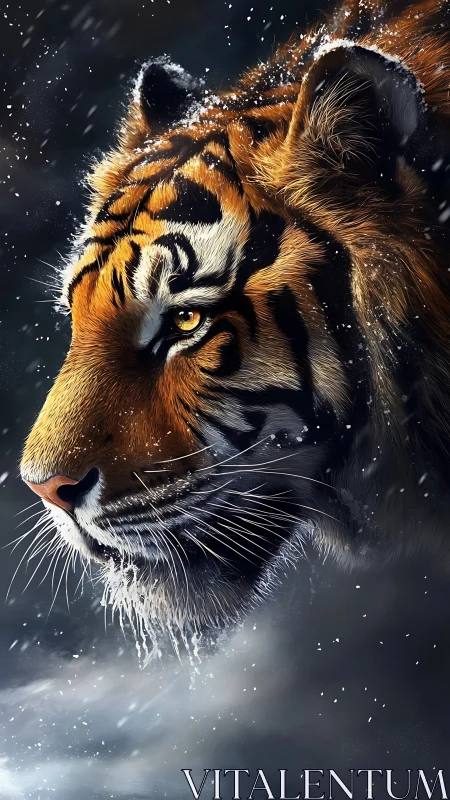 Winterfire tiger gazes through storm-lit Arctic hush.