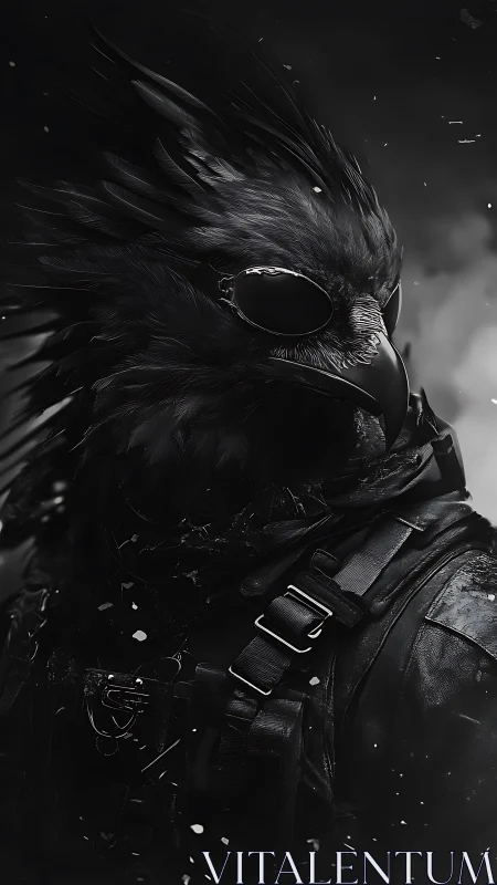 Midnight raven operative armored in stormlit shadows.