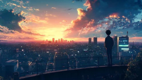 Anime skyline sunset panorama with solitary rooftop figure.