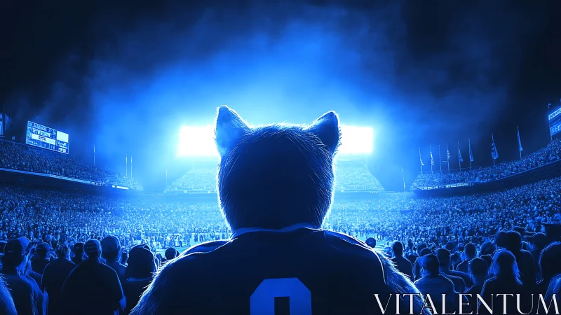 Anthropomorphic mascot observing illuminated stadium crowd.