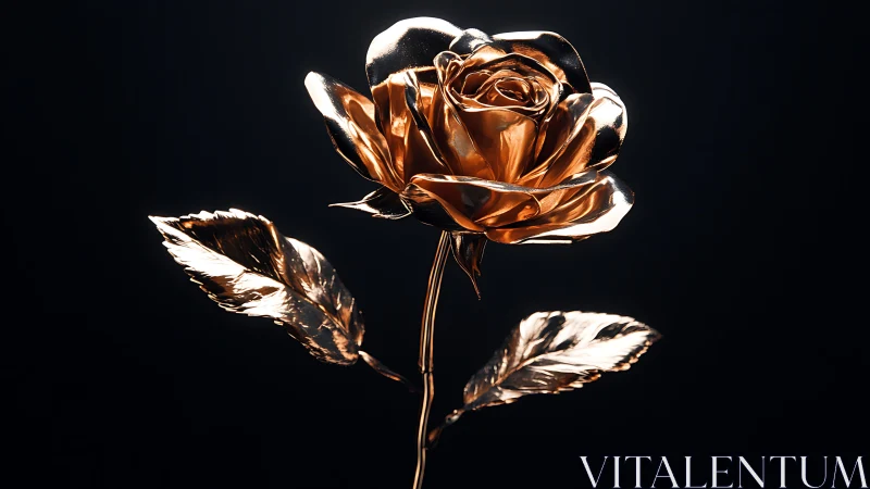 Luminous metallic rose sculpture in dramatic black void.
