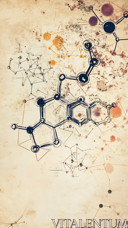 Molecular network schematics on aged textured background.