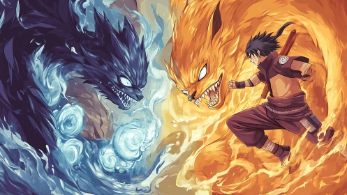 Fiery ninja charges forward as twin elemental beasts clash