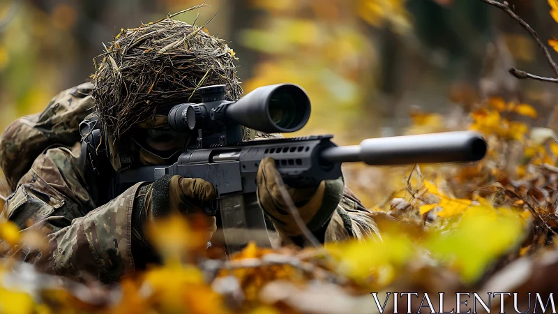 Sniper in Ghillie Suit with Scoped Rifle.