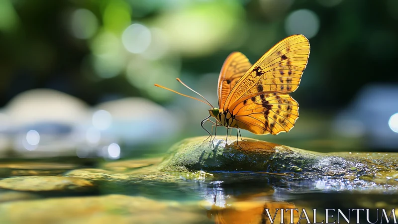 Golden butterfly rests on wet river stone under soft bokeh light