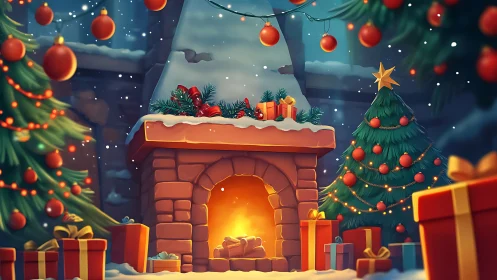Cozy Christmas fireplace with decorated trees and gifts.