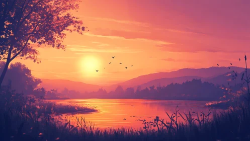 Sunset glows over calm lake with silhouetted distant hills