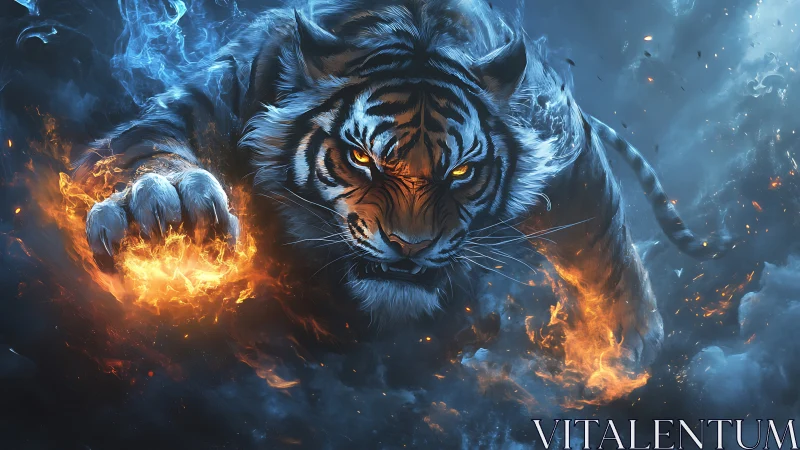 Fiery spirit tiger racing through swirling blue storm clouds.