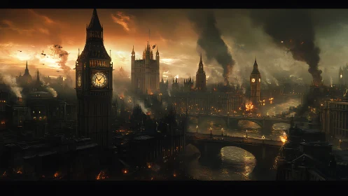 Post-apocalyptic Westminster inferno under toxic amber sky.