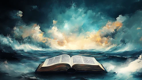 Open storybook floating gently on a glowing painted sea.