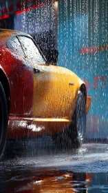 Retro sports coupe under vertical carwash rainfall simulation.