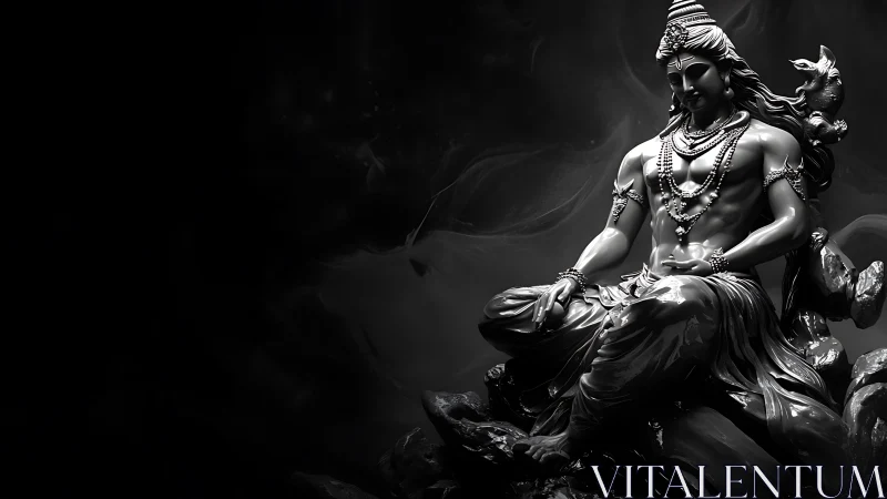 Serene divine figure rests calmly in deep monochrome light