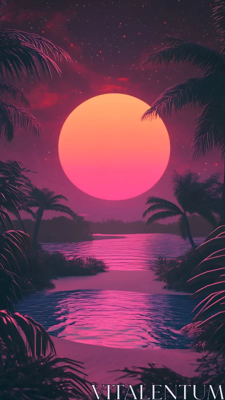 Palm-lined tropical inlet under oversized neon sun at dusk.