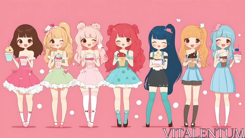 Kawaii pastel girls aligned with desserts on pink backdrop.