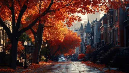 Photorealistic autumn brownstone street under fiery canopy.