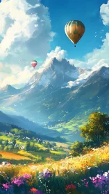 Hot air balloons drift above a sunlit alpine valley landscape