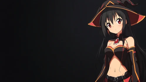 Brooding crimson mage girl under a wide witch hat.