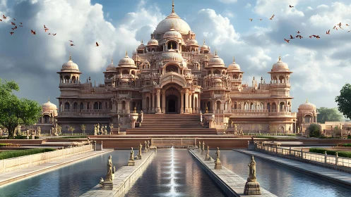 Symmetrical sandstone palace with domes and reflecting pools.