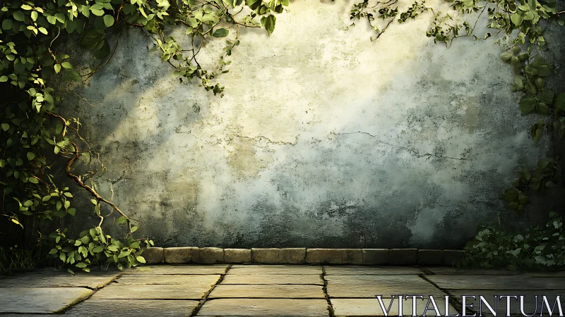 Sunlit ivy wall with aged plaster and stone tile foreground
