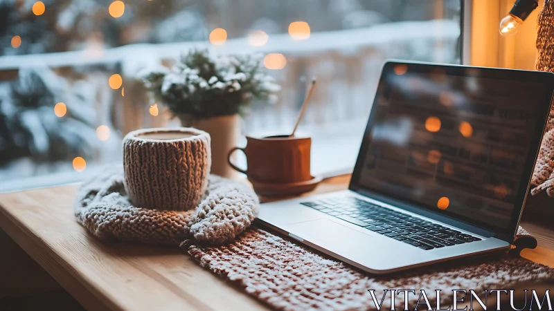 Winter window workspace with laptop, knit mug cover and bokeh lights
