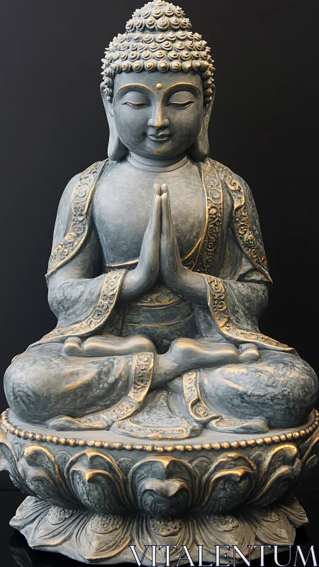 Serene Buddha statue in prayerful meditation on lotus pedestal.