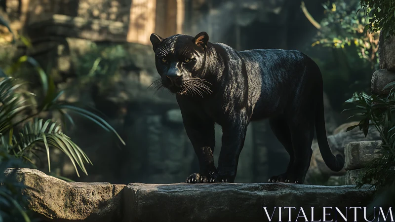 Black Panther Walking Across Stone in Jungle Habitat.