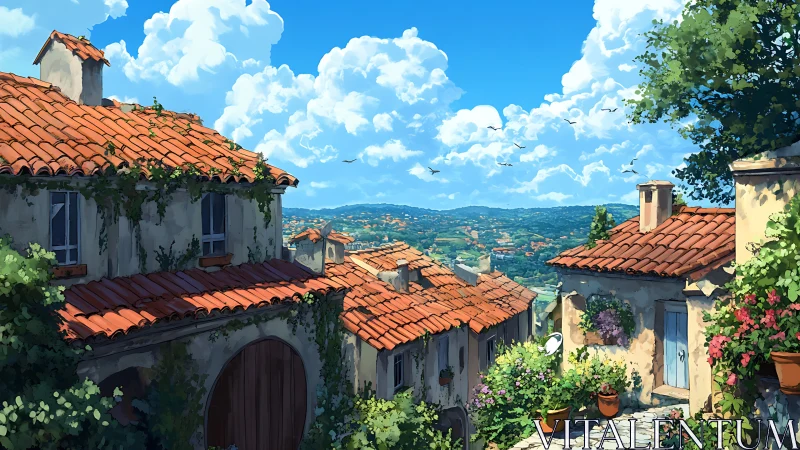 Sunny hillside village with cozy terracotta rooftops.