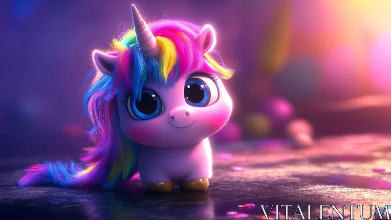 Bright-eyed baby unicorn glows in soft rainbow starlight