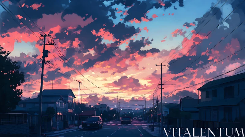 Suburban Japanese street under saturated sunset cumulonimbus sky