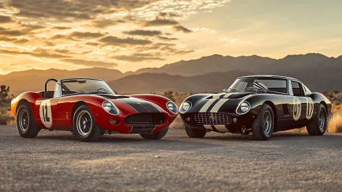 Vintage race cars parked on desert road at sunset.
