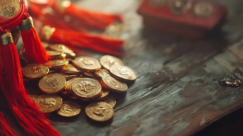 Chinese gold coins with red tassels in warm lamplight.