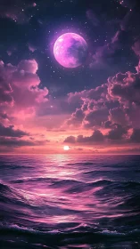 Digital fantasy seascape with dual pink celestial bodies.