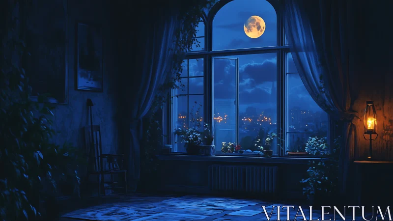 Moonlit bedroom interior with city view and oil lamp light.