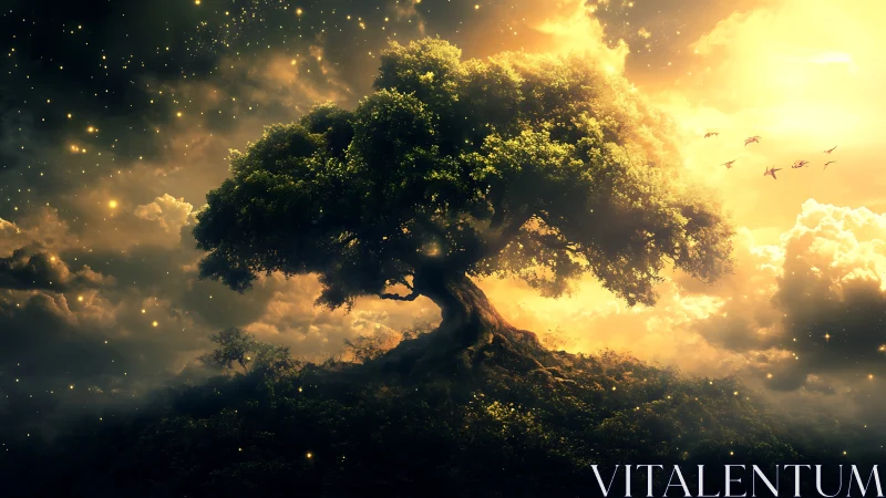 Star-kissed world tree drinks light from a molten sky