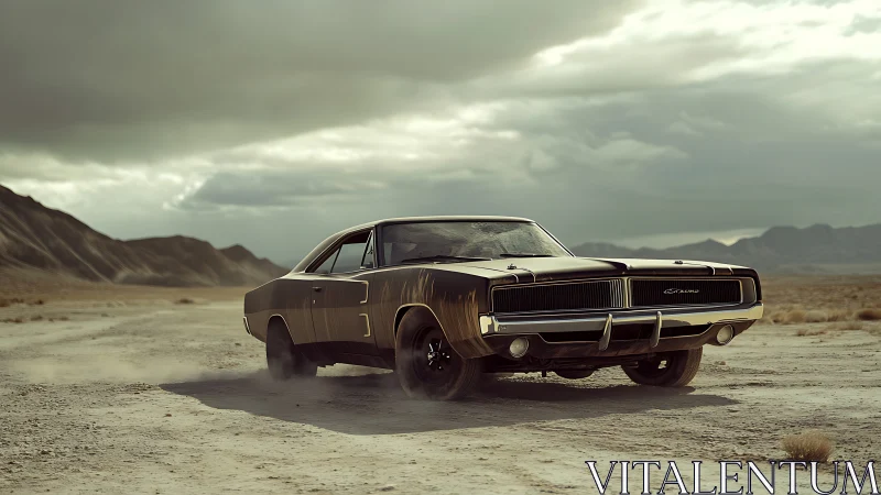 Desert-charged vintage muscle car under moody overcast sky.