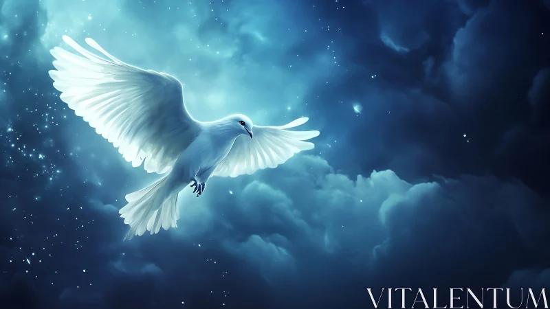 Luminous white dove glides through a dreamlit cosmic sky.