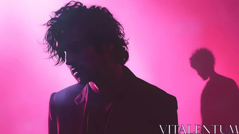 Silhouetted man leans in neon pink backlight with distant shadow