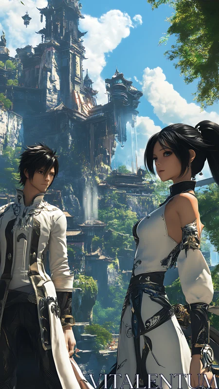 Anime warriors in ornate white armor before cliff city.