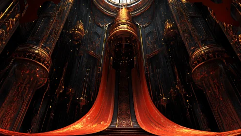 Baroque cathedral throne rendered in high-contrast volumetric lighting