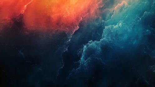 Cosmic nebula clash with fiery red and deep teal clouds.
