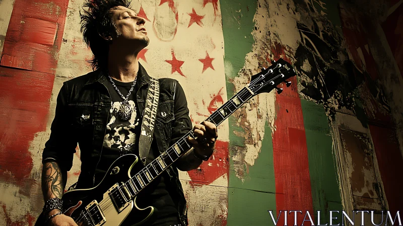 Rock guitarist plays electric guitar before distressed mural