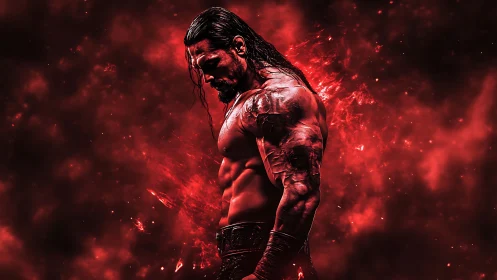 Digital painting of muscular fighter in red infernal backdrop.